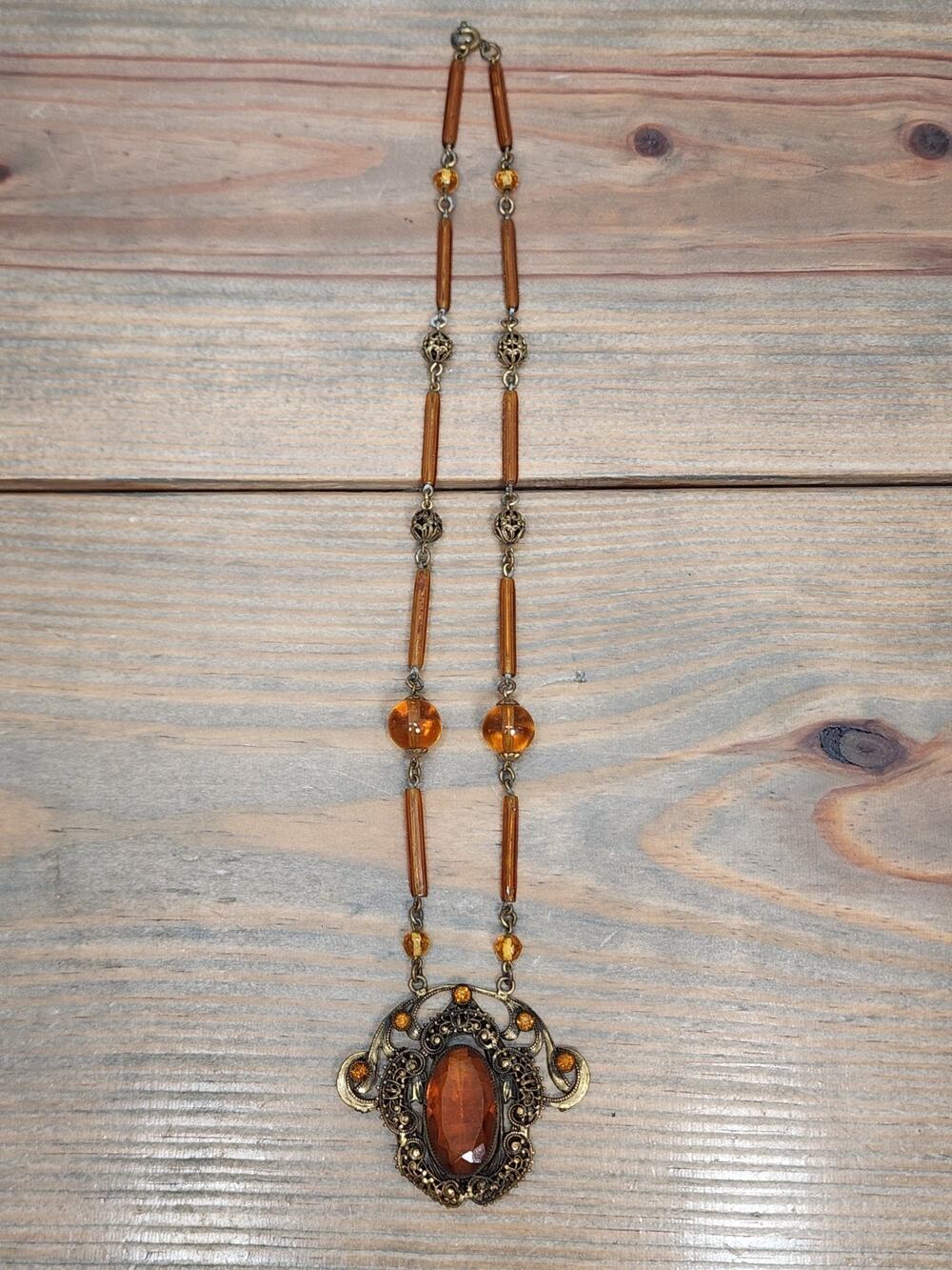 Antique Czech Brass Filigree Statement Necklace Faceted Amber Glass Beads 1920s